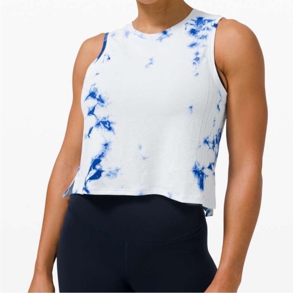 lululemon athletica White Tie-Dye Crop Tank with Blue Accents